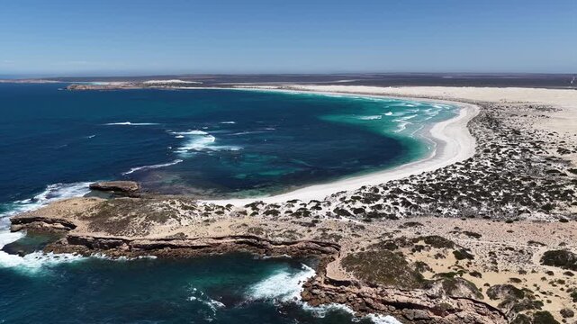 Scott Bay, Fowlers Bay, South Australia &ndash; 4K aerial drone view of Great Australian Bight coastline, turquoise ocean, sand dunes, white sand beach and limestone cliffs