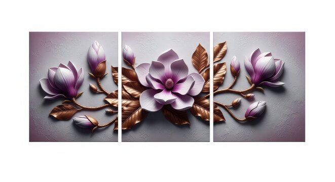 Textured 3d magnolia flower triptych wall art