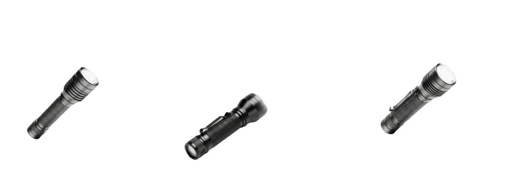 Set of Professional LED Tactical Flashlights Isolated on White Background for Emergency and Outdoor Use