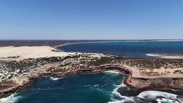 Scott Bay, Fowlers Bay, South Australia &ndash; 4K aerial drone view of Great Australian Bight coastline, turquoise ocean, sand dunes, white sand beach and limestone cliffs
