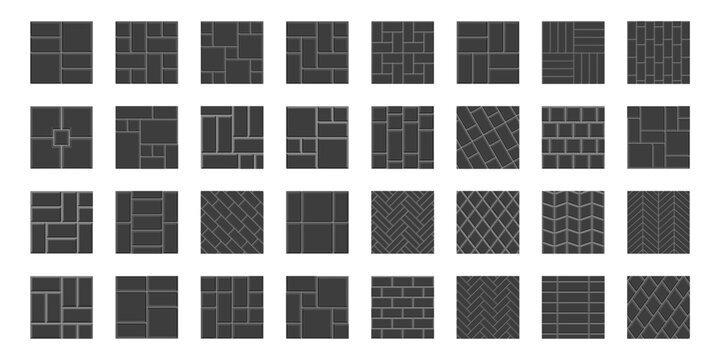 Set of different wall tile patterns. Black ceramic or stone wall textures. Kitchen backsplash or bathroom floor backgrounds. Interior or exterior surface mosaic decorations. Vector flat illustration.