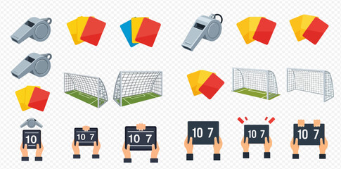 Set of soccer and football game elements including whistles, red and yellow cards, goalposts, and substitution boards. © ArtLuna Studio