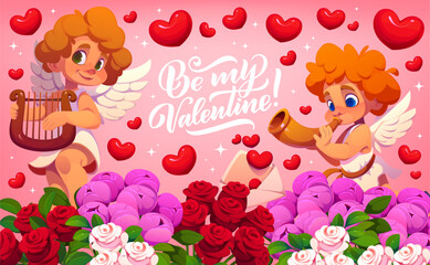 Fototapeta premium Happy Valentine day greeting card with cherub cupids in flowers, cartoon vector. Be My Valentine love holiday quote with lovely cupid angels playing music on harp and Valentine love message envelope