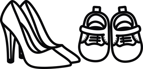 Black outline of women's high heel shoes and baby sneakers footwear highheel
