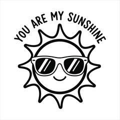 Black and white cartoon sun wearing sunglasses and smiling with text happy