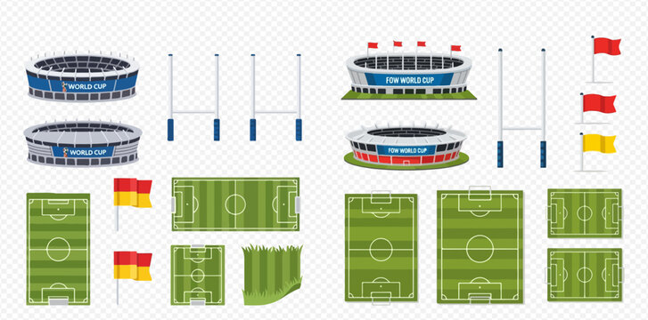 Set of various sports stadiums, fields, and equipment for soccer and rugby games.
