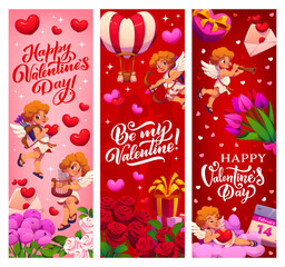 Naklejka premium Happy Valentine Day vector banners with cartoon Cupids characters. Romantic love holiday hearts, gift boxes, flowers and Cupid cherub angels, hot air balloon and Valentines love card, greeting banners