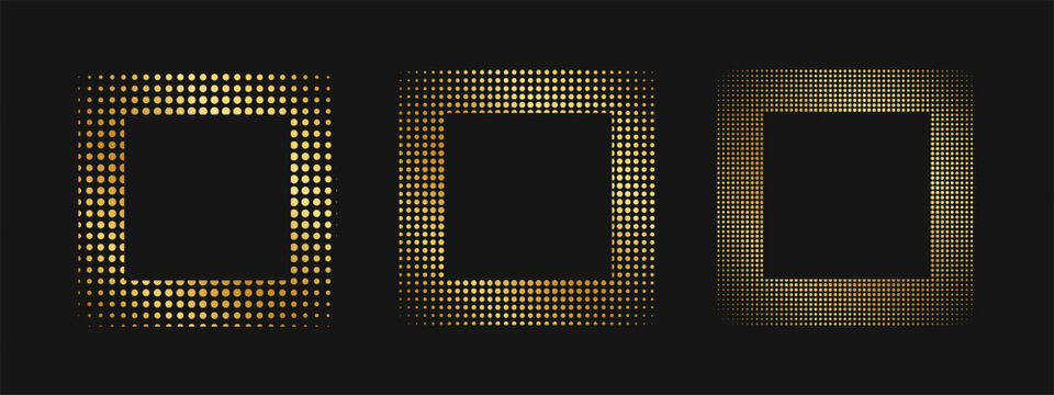 Set of golden square frames with halftone borders. Gold quadrangular shapes with dotted, confetti or grainy texture isolated on black background. Luxury design elements. Vector illustration.
