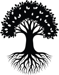 Black silhouette of a tree with visible roots and leaves on white background vector