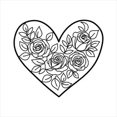 Heart shape filled with roses and leaves line art flower floral