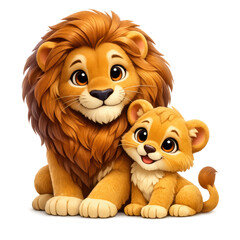 Obraz premium Adorable cartoon lion and cub family isolated on transparent background