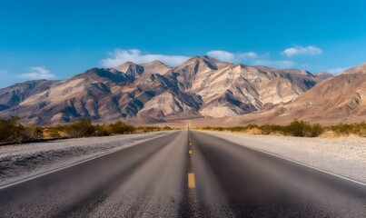 Naklejka premium perfectly centered symmetrical composition, low angle camera almost touching the asphalt, a long straight desert highway with a subtle dip and rise