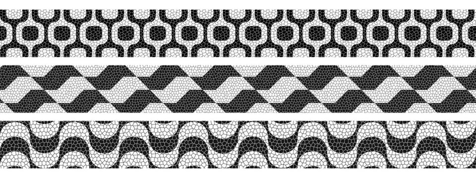 Ipanema, Sao Paulo and Copacabana sidewalk borders with realistic cobblestone texture. Tapes with Brazilian beach promenade prints. Mosaic prints in Portuguese pavement style. Vector illustration.