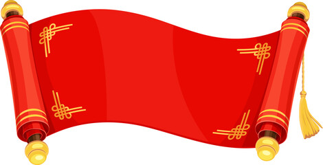 Asian New Lunar Year red scroll manuscript, ancient Chinese banner with traditional ornaments and decorative knots. Cartoon vector blank ancient Asian manuscript. Festive lunar new year CNY symbol