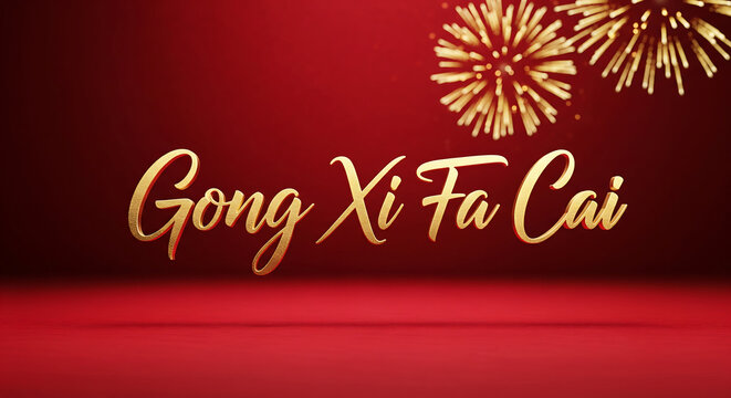Golden 'Gong Xi Fa Cai' greeting with festive fireworks on a vibrant red studio background for cultural celebrations