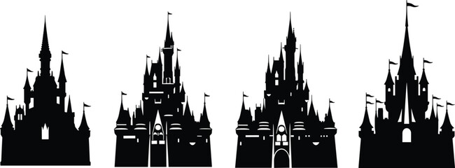 Naklejka premium Castle silhouettes, fairy tale towers, fantasy architecture, theme park style, black vector, flags, turrets, symmetrical design, medieval art, white background