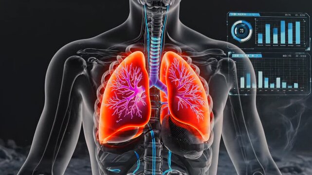 closeup lungs exposed to aerosol spray with visible droplets and mist, xray overlay reveals inflamed regions, pulmonary scan shows oxygen deficit, clinical simulation for infection control
