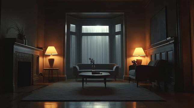 Dimly Lit Living Room with Lamps and Bay Window.