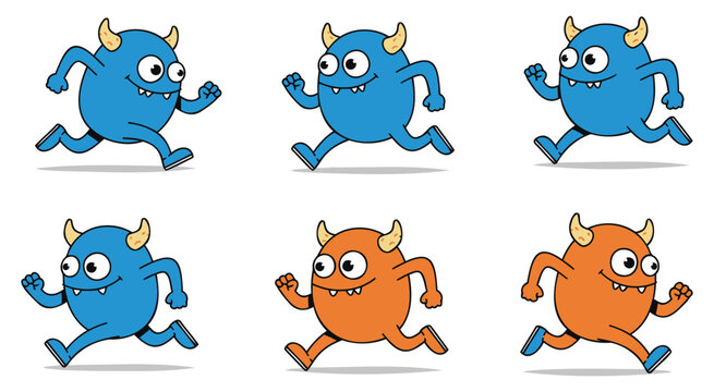 Cute cartoon monster characters running in playful vector illustration set for kids design
