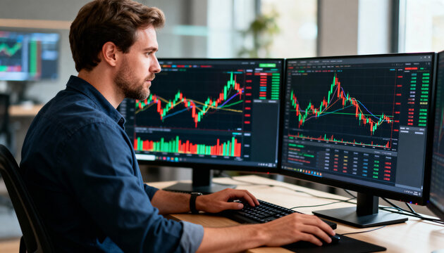 White male trader focused on stock market analysis, working at dual monitors displaying financial data and charts, showcasing a modern trading environment with technology