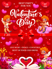 Obraz premium Valentine Day party flyer of cartoon funny Cupids, love hearts and romantic couple vector silhouette. Cute cherub Cupids, gifts, flowers and sweets, red ribbons and bow on Valentine Day party flyer