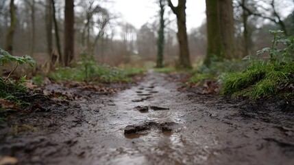 A solitary muddy forest path with footprints leading into the distance under an overcast sky