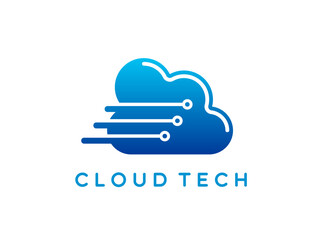 Cloud technology and data hosting service icon. Cloud technology service vector icon, data hosting software company emblem. Network solution business symbol with blue cloud and motherboard traces