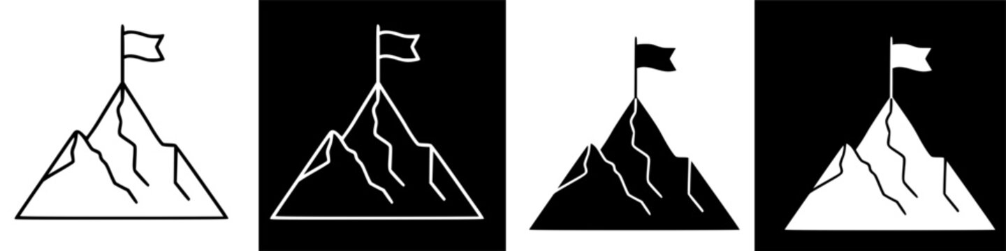 Conceptual illustration of a flag on a mountain peak, symbolizing achievement and success, overcoming challenges