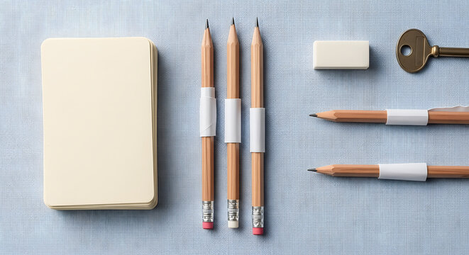 Five wooden pencils, blank notepad stack, white eraser, and bras