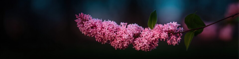 Obraz premium Spring pink flowers clustering on a branch for florist website header, dense floral arrangement in a garden setting with copy space for social media advertising