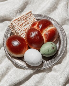 Traditional Seder Plate with Matzah and Eggs for Jewish Passover celebration, served on an ornate silver platter over a neutral fabric background for holiday advertising