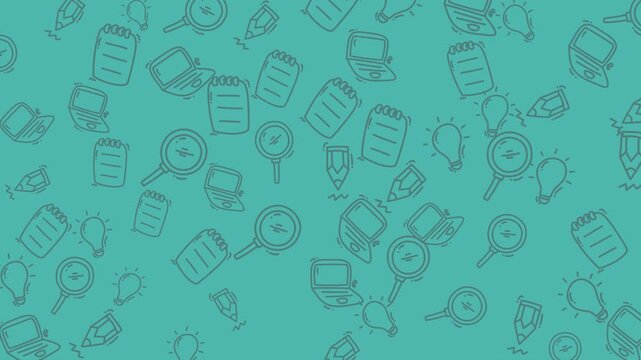 Doodles of laptops, magnifying glasses, lightbulbs, and paper pads for business presentations, technology blogs, educational materials, or creative projects.