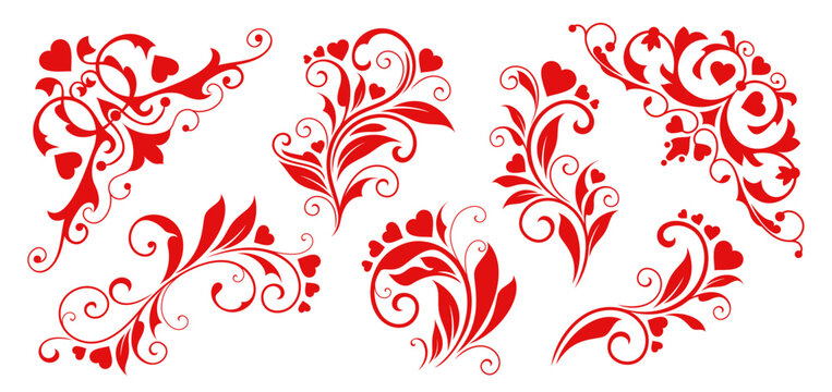 Heart flourish decorations for Valentine day greetings, featuring red hearts motifs and floral swirls. Vector set of romantic ornate swirling, love decorative patterns with stems, leaves and curves