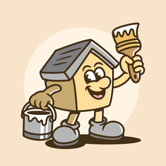 Cartoon House Character with Paintbrush and Can