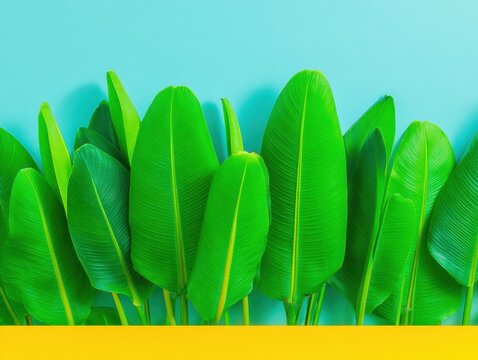 Lush Green Dioon Plant Leaves Arranged against a Blue Wall with Yellow Border Floral Composition for Tropical Landscaping and Botanical Advertising with Copy Space