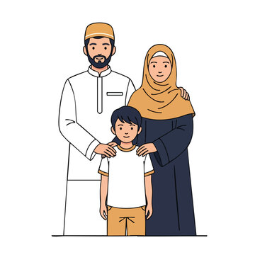 A cartoon illustration of a Muslim family, consisting of a man, woman, and child, standing together in traditional attire against a clean white background with a warm and cute mood.