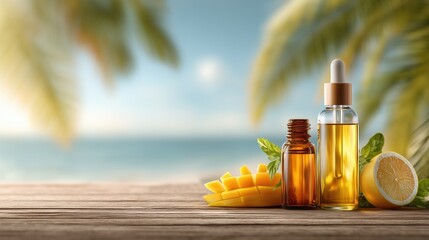Obraz premium Mindfulness and relaxation through natural self-care with tropical oils, fresh fruit, and serene ocean backdrop.