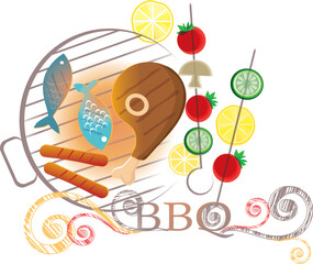 Fototapeta premium A vector illustration of a barbecue grill scene featuring steak, fish, sausages, and vegetable skewers, with “BBQ” text, ideal for menus, invitations, or food designs.