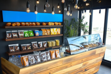 Obraz premium Snack bar interior wooden counter glass display hanging light modern retail store