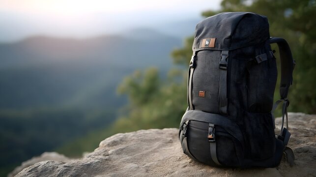 A dark grey backpack is placed on a rock overlooking a vast mountain range at dawn
