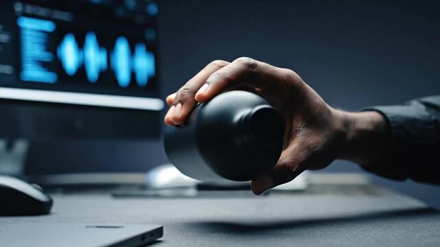 A hand holding a compact round object in front of a computer screen displaying sound waves, symbolizing technology and audio