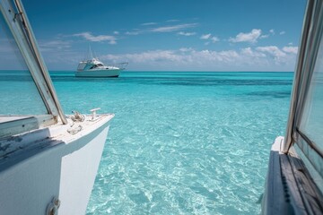 Obraz premium Vibrant photo of White Motor Boat Anchored in Crystal Clear Turquoise Tropical Water