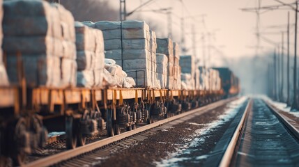 Obraz premium Trains carry cargo along a railway track through a rural area during the early morning hours