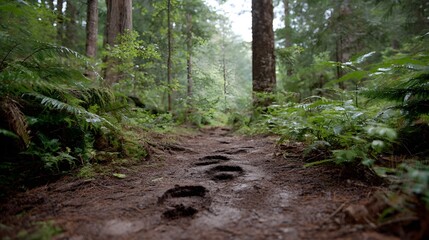 Footprints mark a winding dirt path disappearing into a lush green forest