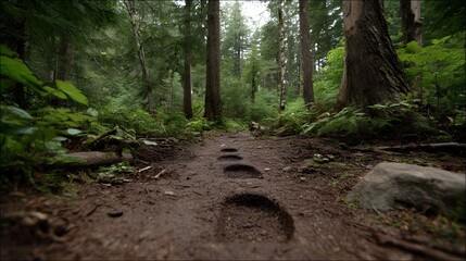 Footprints lead down a path in a dense green forest