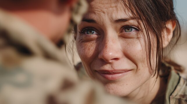 Soldier and loved one share a moment during military deployment in an outdoor setting in the afternoon