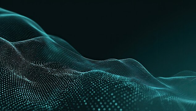 Abstract digital landscape of interconnected dots, undulating in a teal wave pattern