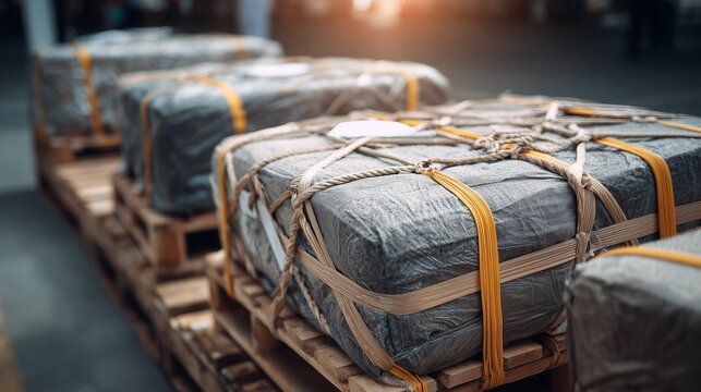 Cargo pallets stacked in a warehouse ready for shipment during the afternoon hours in a busy distribution center