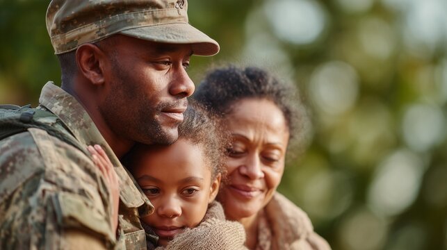 Soldier reunites with family after deployment in a park during a sunny afternoon in the summer