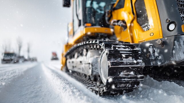Snow removal equipment clears a snowy path on a cold winter day in a rural area after a heavy snowfall, displaying its powerful tracks in action